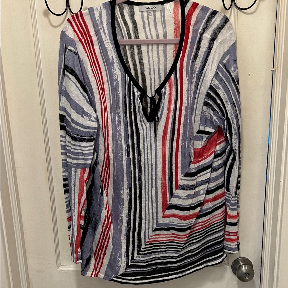 ZOZO Red, Black & Gray Striped V-Neck Blouse